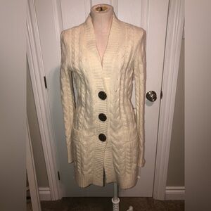 Pink Tartan Cream Cable Knit Long Cardigan Sweater with Buttons